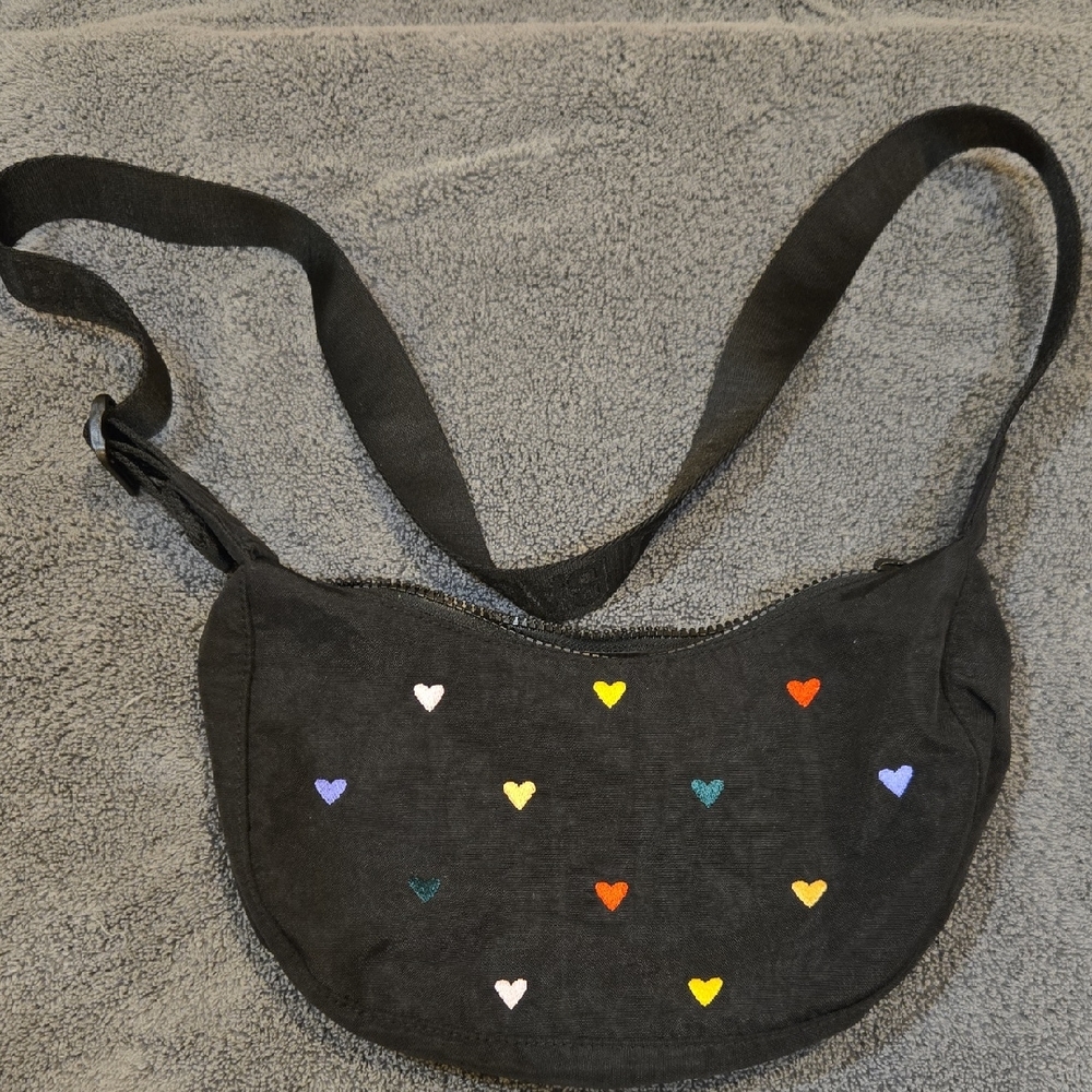 BAGGU Black Embroided Heart Small Crescent Crossbody